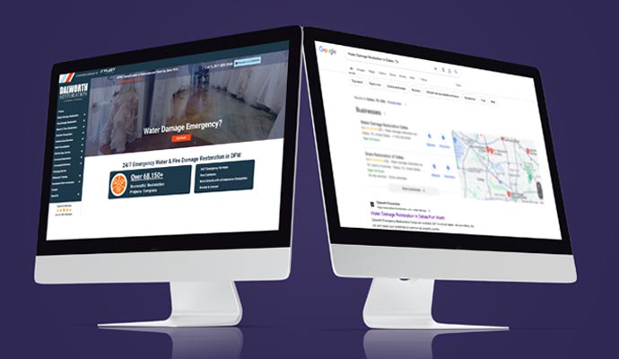 Two mockups showing website and google search